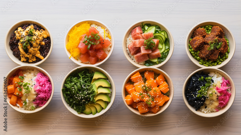 Bowls with different kinds of poke bowls. Healthy eating concept. generativa IA Bowls with different kinds of poke bowls. Healthy eating concept. generativa IA