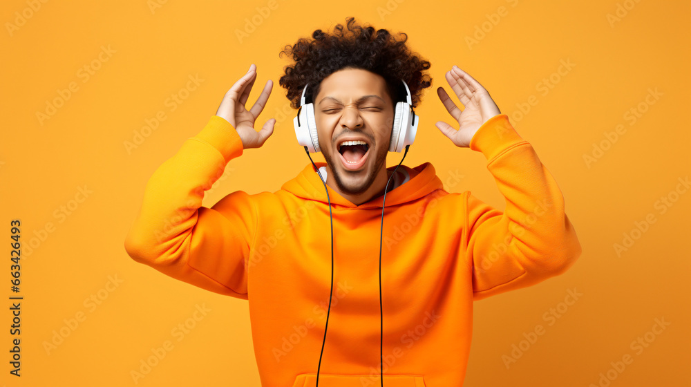 Happy young Afro American man carried away with music dances carefree with arms raised keeps eyes closed wears stereo headphones on ears dressed in orange jumper isolated over white background - obrazy, fototapety, plakaty 