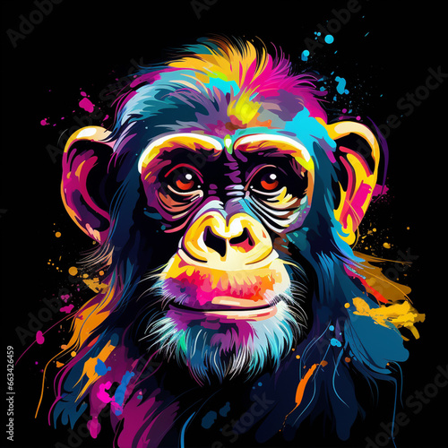 Abstract, neon, multi-colored portrait of a chimpanzee on a dark background. Generative AI