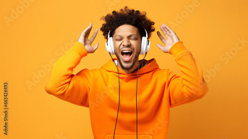 Happy young Afro American man carried away with music dances carefree with arms raised keeps eyes closed wears stereo headphones on ears dressed in orange jumper isolated over white background