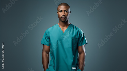 Surgeon wearing green scrubs isolated on grey background. Close-up of professional african american male doctor or nurse wearing green scrubs, copy space