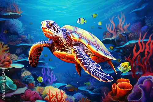 a sea turtle adorned with a shell that exhibits a spectrum of rainbow colors  swim in the ocean vibrant underwater scene.