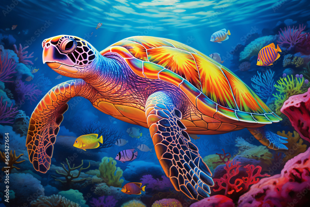Obraz premium a sea turtle adorned with a shell that exhibits a spectrum of rainbow colors, swim in the ocean,vibrant underwater scene.