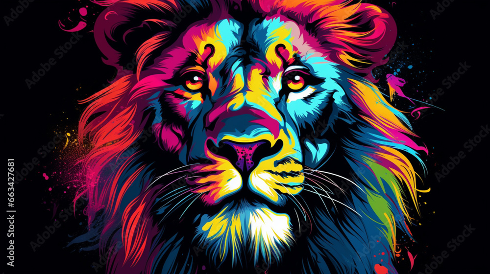Ling King. Abstract, neon, multi-colored portrait of a Lion king on a dark background. Generative AI