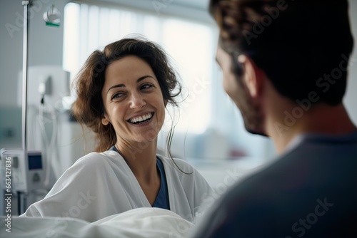 Doctor smiling and joking with patient in hospital room