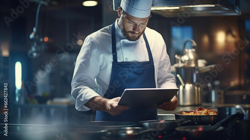 A chef in a smart kitchen using a tablet to control cooking appliances with precision