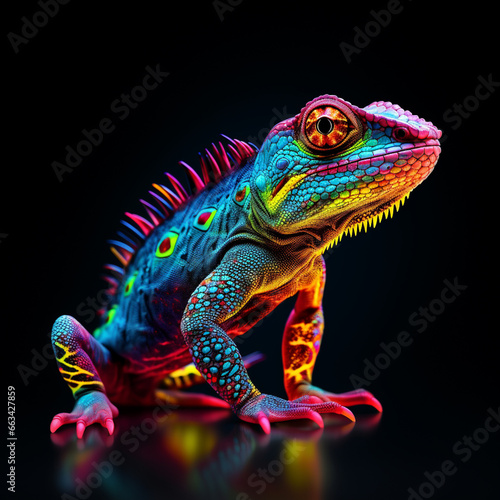 Lizard. Abstract, neon, multi-colored portrait of a Lizard on a dark background. Generative AI