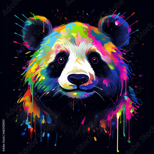 panda. Abstract, neon, multi-colored portrait of a panda on a dark background. Generative AI
