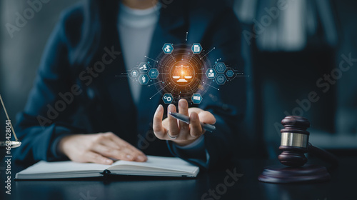 Justice and law concept. Lawyer businesswoman touching on law innovation network icons.