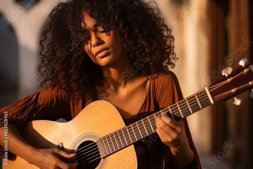 Beautiful black woman singing the acoustic song and playing the guitar photo