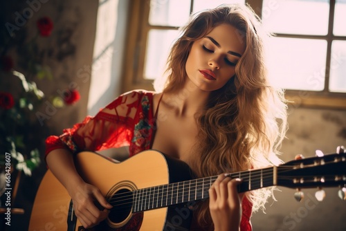 Beautiful woman singing the acoustic song and playing the guitar.