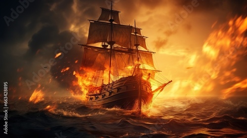 Amidst Flames, Old Wooden Ship Engages in Maritime Warfare