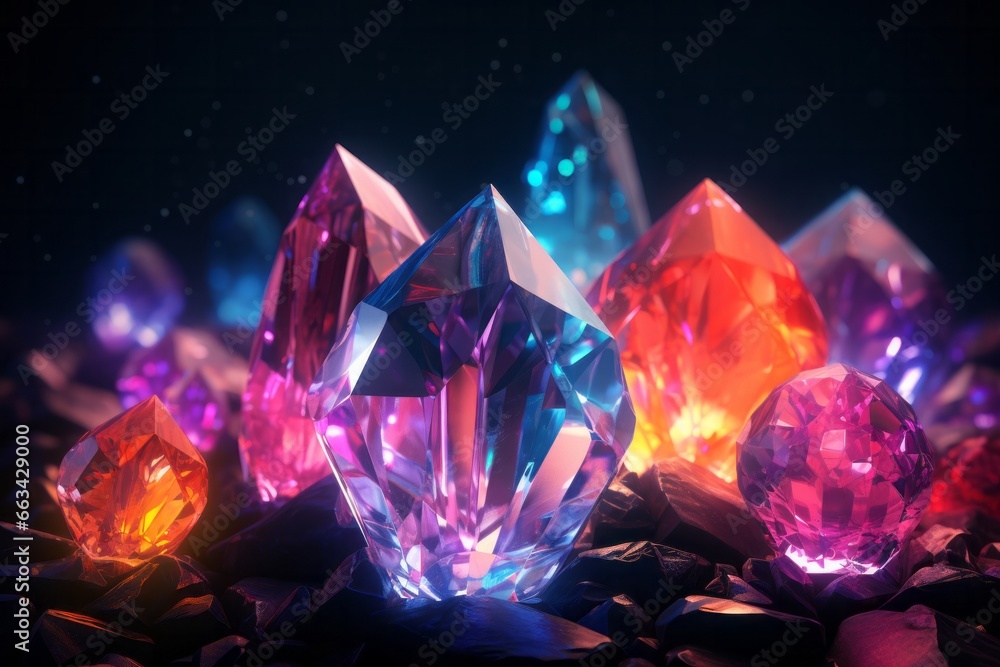 Neon colorful gradient gems. Isolated on black Neon colorful gradient gems. Isolated on black