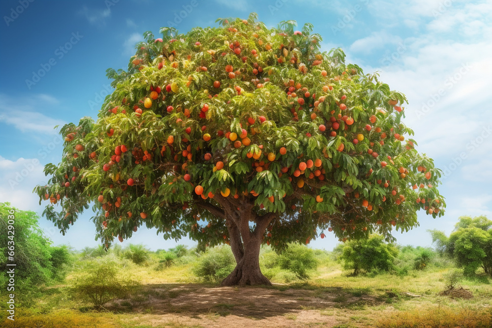 Mango tree with ripe mango fruits on blue sky background. Tropical fruit