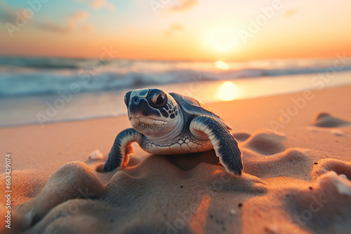 At sunrise, a tiny hatchling sea turtle makes its way across the beach, embarking on its journey into the vast ocean.