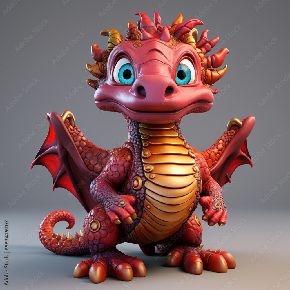 A highly detailed red dragon in vibrant 3D graphic pop-up design, boasting an excellent color combination of red and primary colors, accentuated by perfect lighting. Generative AI.