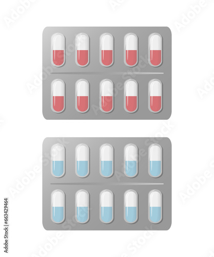 Capsule pill blister pack. Medication packages. 