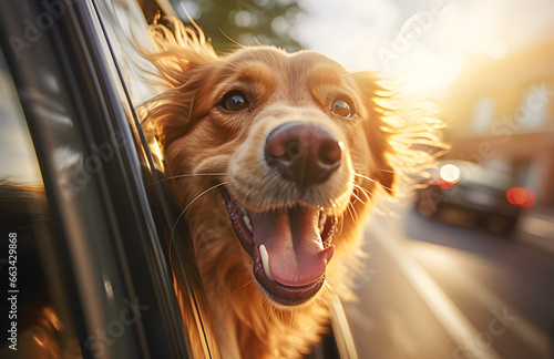 Cachorro na janela do carro curtindo o vento com uma linda iluminação photo