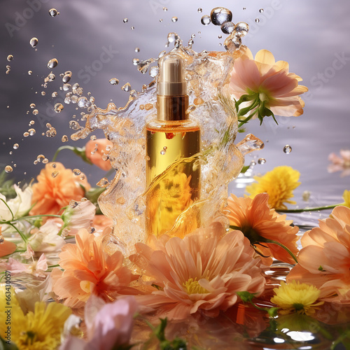 perfume spray in a jar on a background of flowers and drop of waters created with Generative Ai