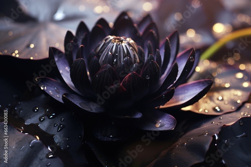 a macro on black lotus flowers on a small water pound under the rain. photo