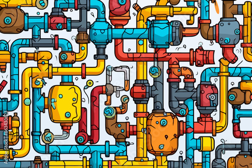 Pipes and valves quirky doodle pattern, wallpaper, background, cartoon, vector, whimsical Illustration