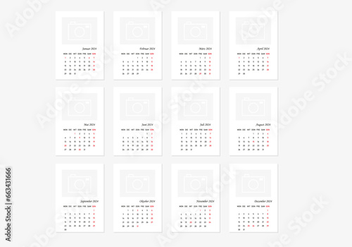 2024 calendar minimalist on german language with german holidays. Week start on monday. Calendar with place for photo.