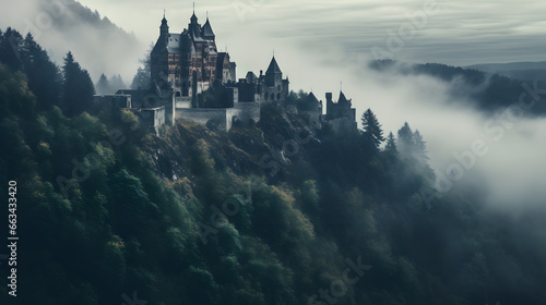 Atmospheric fog enveloping a gothic castle on a hill. photo