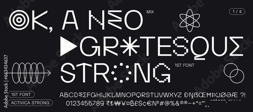 Headline alphabet and font. Neo grotesque sans serif font with graphic elements, sign, symbol, alternative letters. Classic creative new grotesk font, design, typographic, poster. Vector Illustration