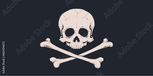 Death Skull Crossbones. Retro hand drawn white skull with cross bones on black pirate flag. Vintage poster with black skull skeleton on dark background for celebration Halloween. Vector Illustration