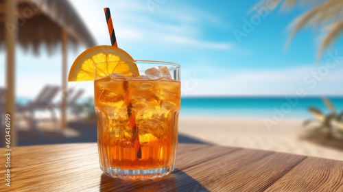 close-up of a glass with soda and a straw, in the background the beach and the ocean