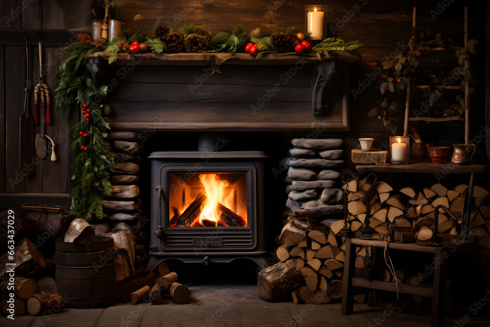 Efficient Solid Fuel Heating Solution with Open Fireplace and Coal Scoop for Winter Comfort