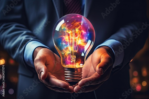 close up of hands holding colorful light bulb, generative ai