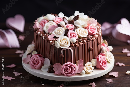 Delicious Chocolate Birthday Cake with Pink and White Roses