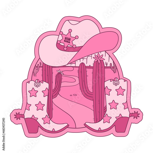 Retro emblem with pair of Cowgirl boots and hat. Pink retro concept with cactus desert landscape. T-shirt or poster design of wild side. Vector hand drawn illustration.