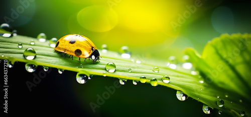Closeup ladybug,lady beetle with water dew drops on greenery leaves plant.organic or ecology concepts backgrounds.clean and pure nature idea