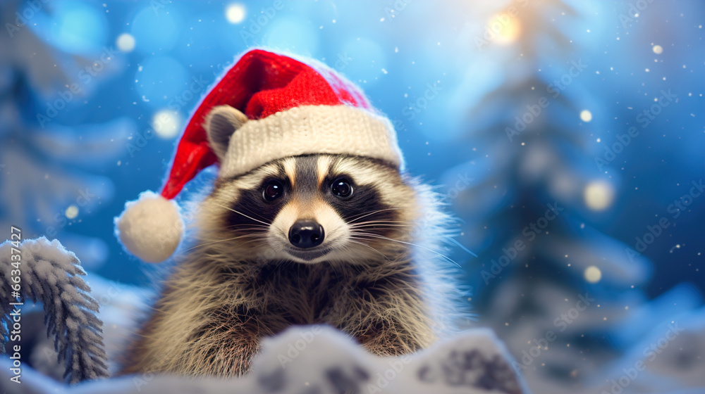 A cheerful cute raccoon in a knitted hat against the background of a winter forest with fir trees, snow and colorful lights. Postcard for the New Year holidays. A cheerful cute raccoon in a knitted hat against the background of a winter forest with fir trees, snow and colorful lights. Postcard for the New Year holidays.