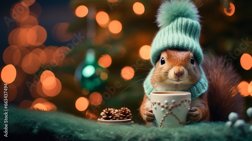 A cheerful cute squirrel in a knitted hat drinks cocoa from a cup against the background of a winter forest with fir trees, snow and colorful lights. Postcard for the New Year holidays.