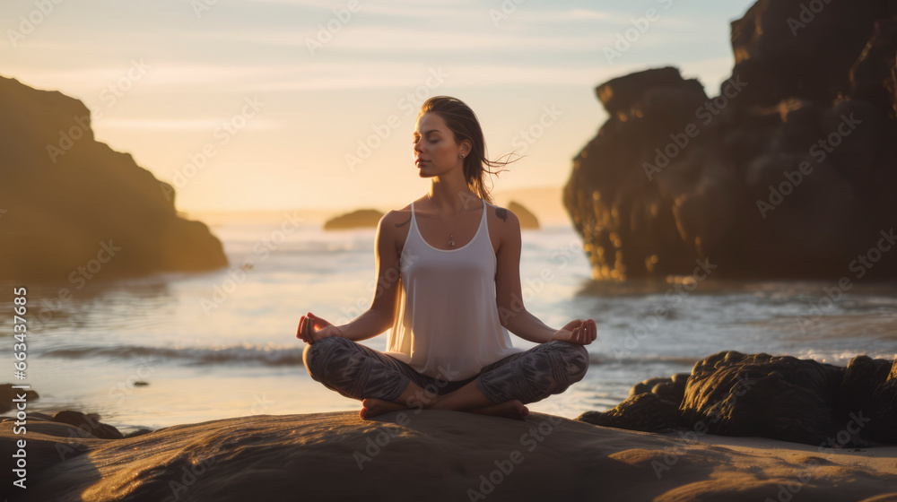 Mindful Wellness: A Female Practicing Meditation and Yoga at the Serene Beach, Cultivating Health, Fitness, and Harmony by the Ocean at Sunrise Mindful Wellness: A Female Practicing Meditation and Yoga at the Serene Beach, Cultivating Health, Fitness, and Harmony by the Ocean at Sunrise