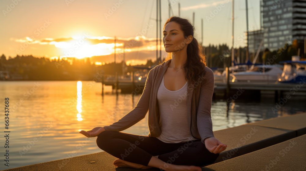 Finding Serenity: A Female Practicing Mindfulness and Yoga by the Tranquil Sea, Fostering Wellbeing and Balance in Nature's Beauty