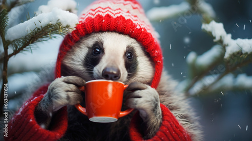 A cheerful cute badger in a knitted hat drinks cocoa from a cup against the background of a winter forest with fir trees, snow and colorful lights. Postcard for the New Year holidays. photo