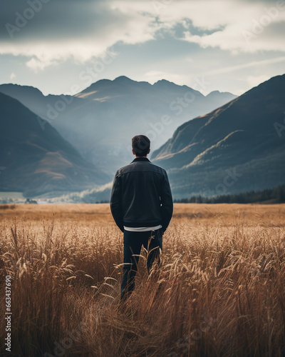 man stands in a field looking at mountains, generative ai
