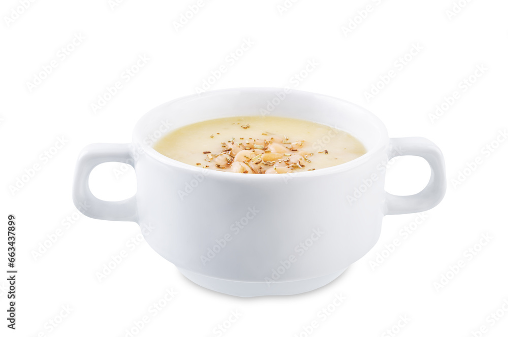 White beans rosemary potato soup in a bowl on a white isolated background White beans rosemary potato soup in a bowl on a white isolated background