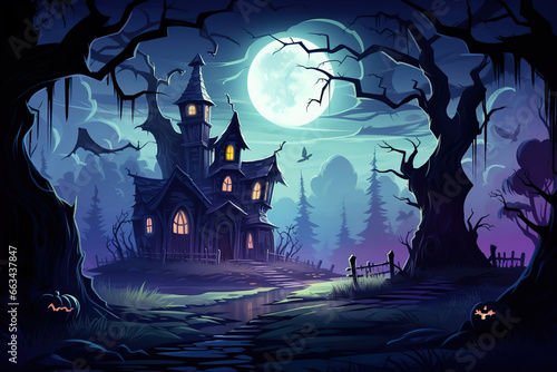 Wooden Haunted house and full moon. Spooky Old Haunted house in spooky dark forest, generative ai