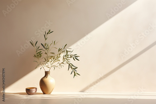 Modern summer minimal of olive tree on table in sunlight with long shadows on beige wall background, generative ai © vvalentine