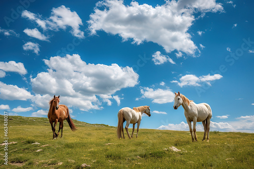 three horses standing in the grass under the sky with clouds  generative ai 