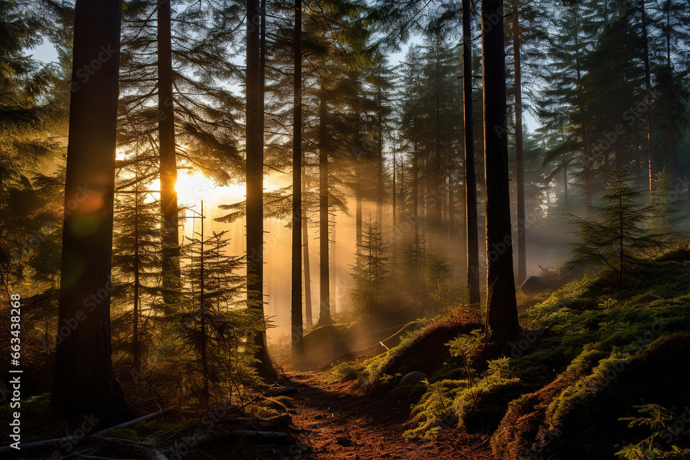 Obraz premium sunrise over a forest near trees, generative ai 