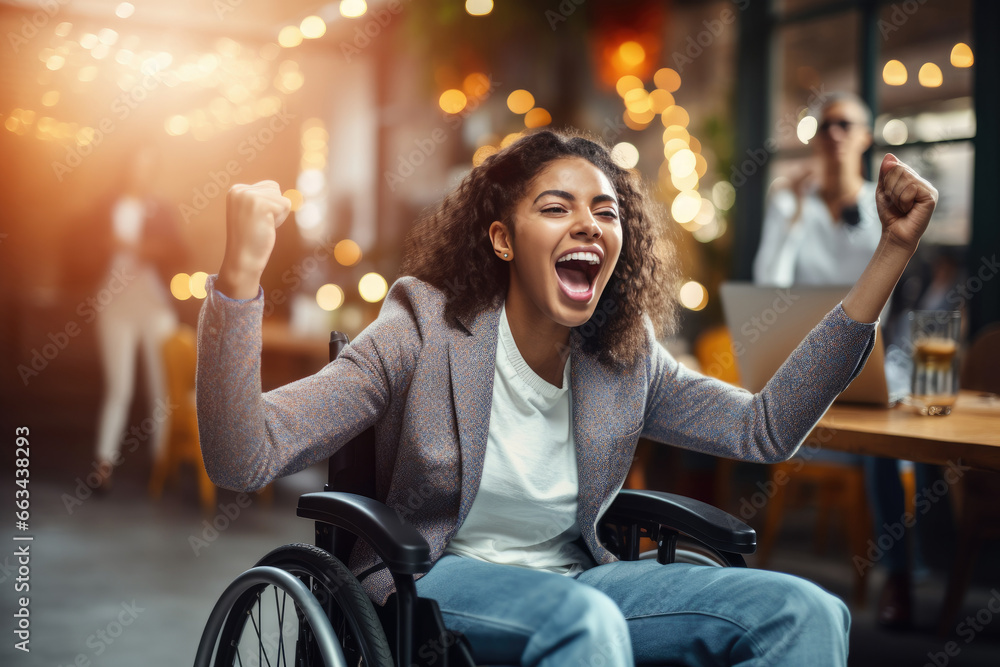 Excited happy young girl in wheelchair, rejoicing in victory, new opportunity, getting good test results - obrazy, fototapety, plakaty 