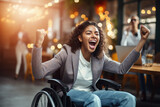 Excited happy young girl in wheelchair, rejoicing in victory, new opportunity, getting good test results