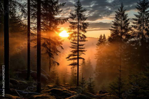 sunrise over a forest near trees, generative ai 