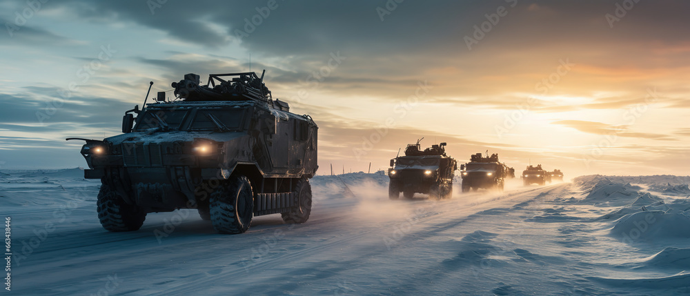 Fototapeta premium military equipment moves across a snowy plain, generative ai 